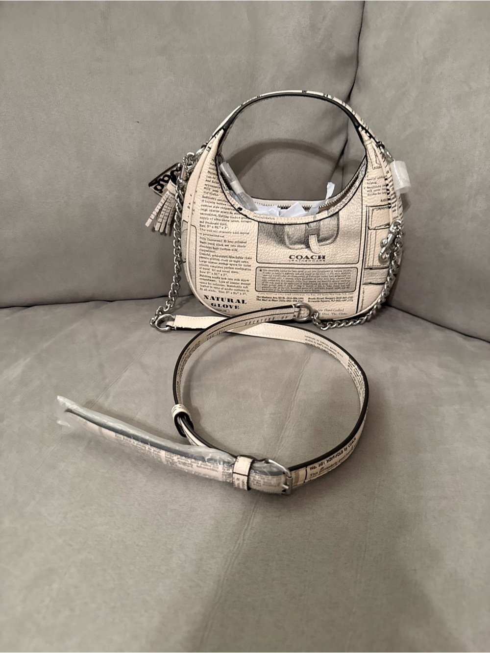 Coach Mini Newspaper-Print Hobo Bag in Cream and Black - Picture 2 of 4